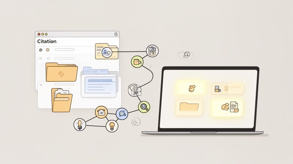 Diagramma che illustra la gestione dei documenti e la mappatura delle informazioni tra un'applicazione desktop e un laptop.