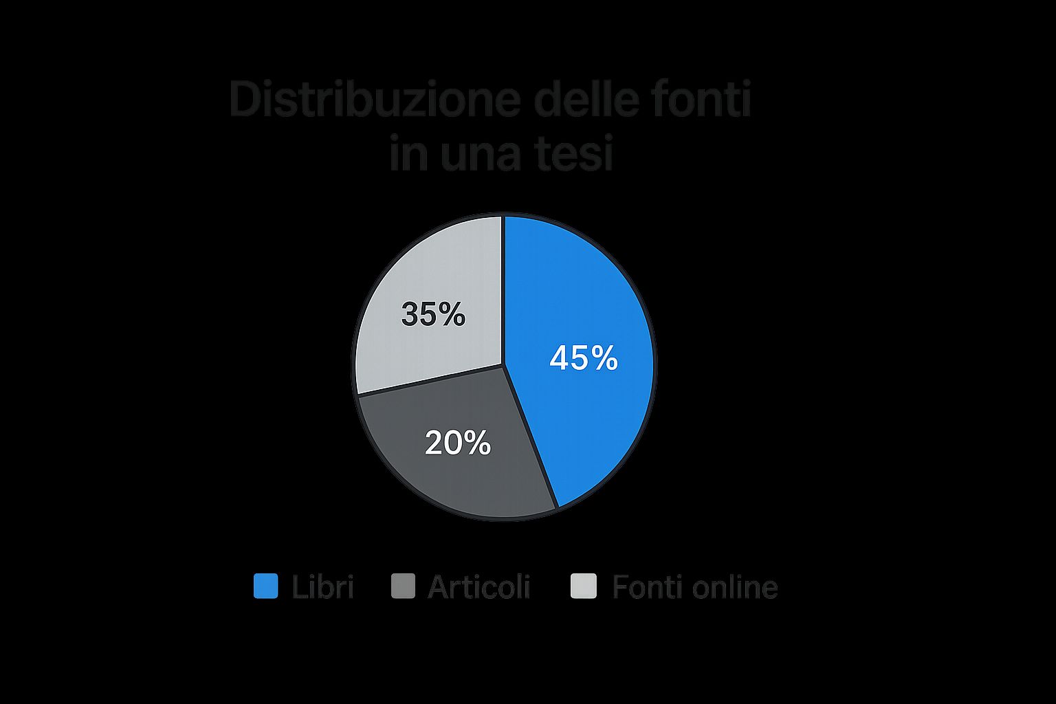 Infografica sulla distribuzione delle fonti in una tesi di laurea: articoli scientifici (45%), libri (35%) e fonti online autorevoli (20%).