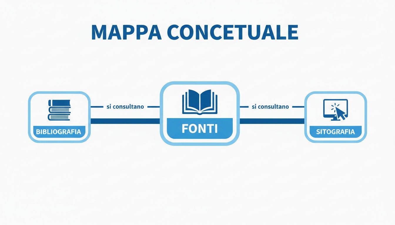 Mappa concettuale che illustra come bibliografia e sitografia siano consultate come fonti di informazione.