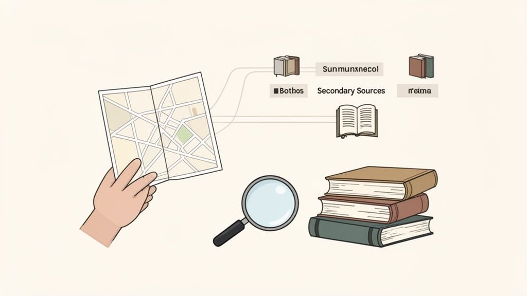 Una mano tiene una mappa, con una lente d'ingrandimento e libri, che illustrano il concetto di fonti di ricerca.