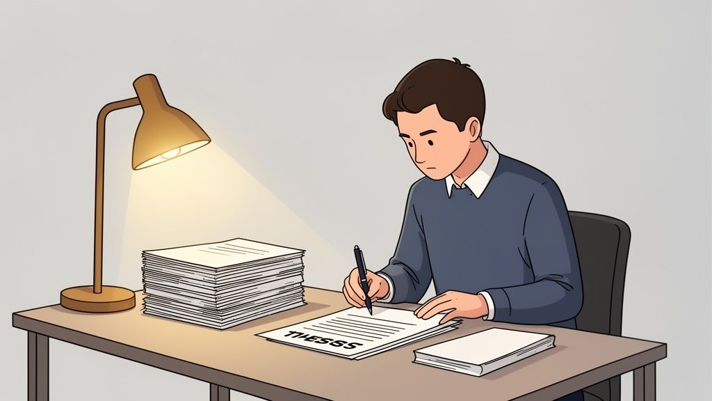 Un giovane studente scrive una tesi a una scrivania illuminata, con pile di fogli e un libro.