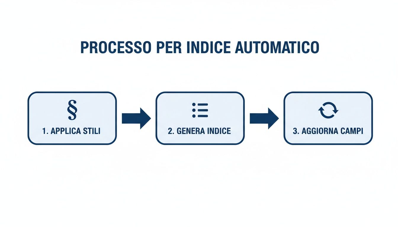 Diagramma di flusso che illustra il processo per creare un indice automatico: applica stili, genera indice, aggiorna campi.