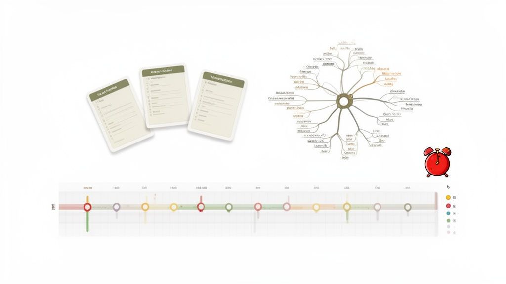 Illustrazione concettuale con tre schede di studio, una mappa mentale, una cronologia colorata e una sveglia rossa, rappresentando metodi di apprendimento.