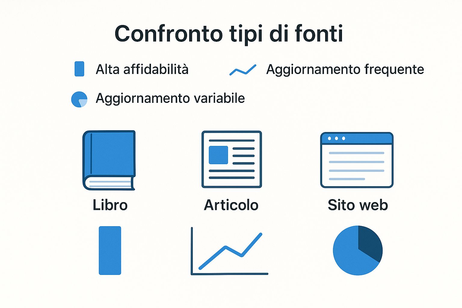 Infografica che confronta l'affidabilità e la frequenza di aggiornamento di libri, articoli scientifici e siti web come fonti per la tesi.