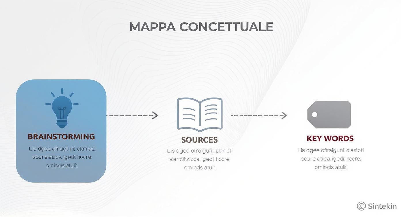 Mappa concettuale che illustra il processo creativo, dal brainstorming iniziale alle fonti e alle parole chiave.