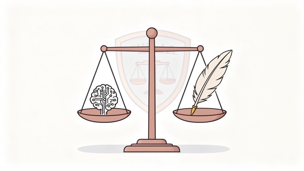 Una bilancia equilibrata mostra un cervello con circuiti e una penna d'oca, simboleggiando l'equilibrio tra AI e creatività.