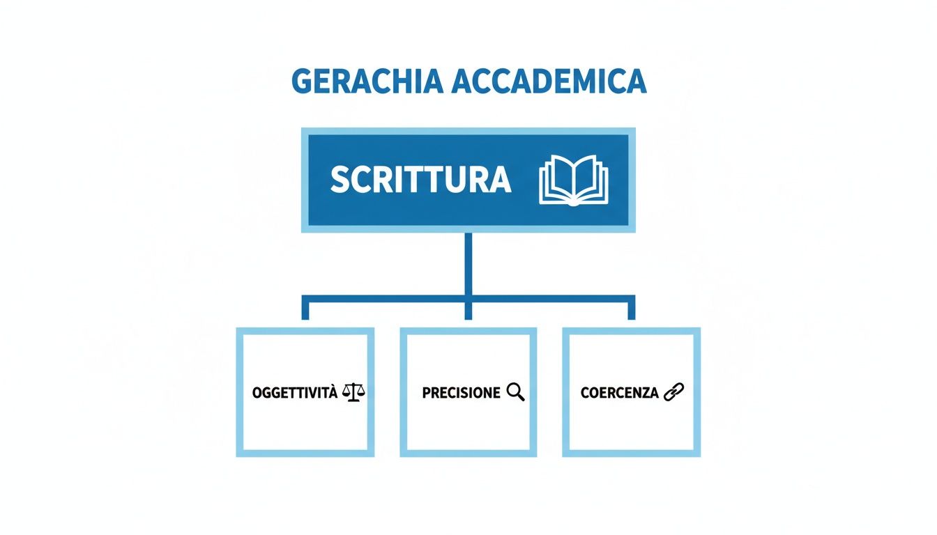 Diagramma che illustra la gerarchia accademica della scrittura, evidenziando obiettività, precisione e coerenza con icone.