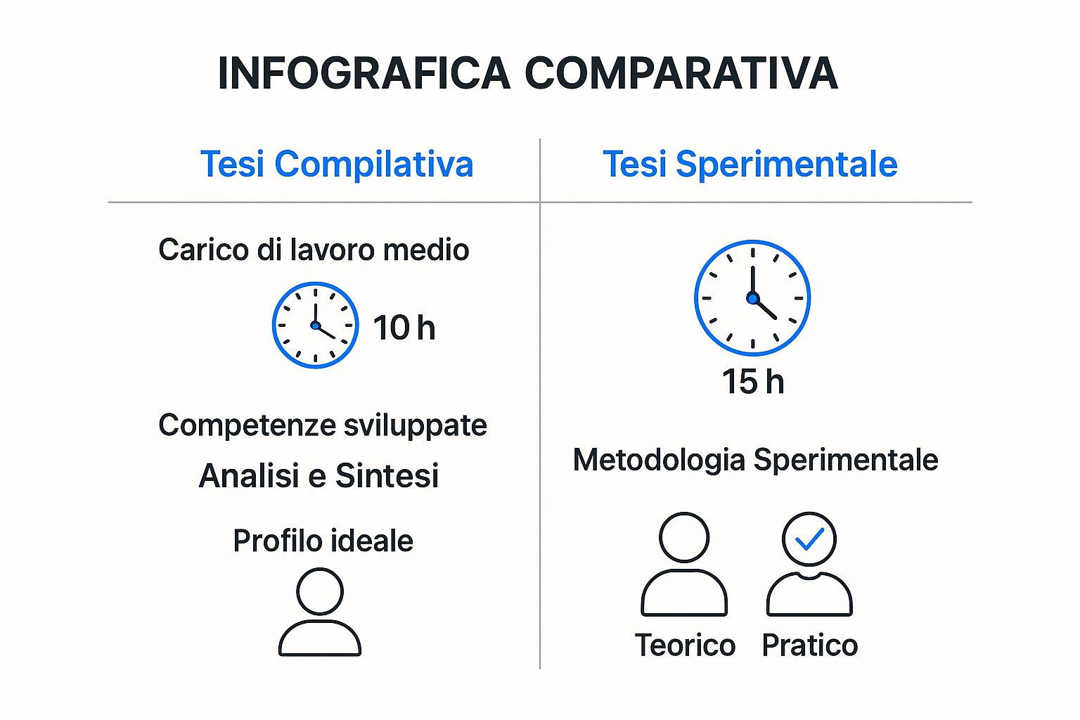Infografica che confronta la tesi compilativa e la tesi sperimentale su carico di lavoro, competenze sviluppate e profilo ideale.