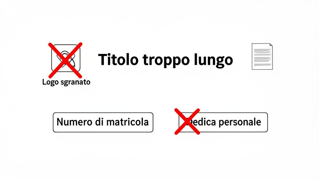 Immagine mostra errori comuni nella preparazione di un documento: logo sgranato, titolo troppo lungo, dedica personale inappropriata e numero di matricola.
