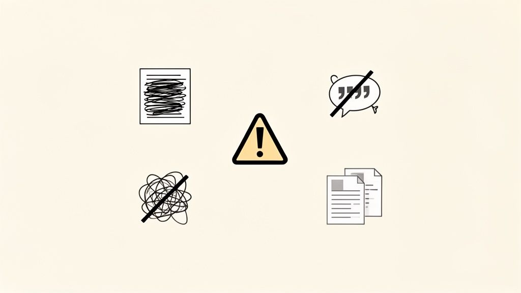 Icone che rappresentano elementi da evitare in una tesi, come testo confuso e citazioni non permesse, con un segnale di avvertimento.