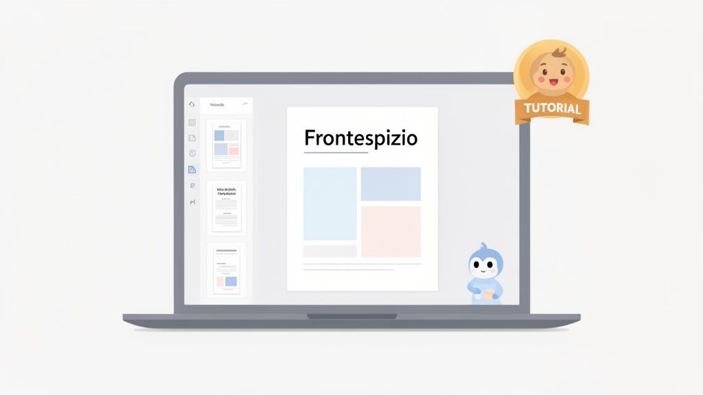 Un laptop visualizza un documento con il titolo 'Frontespizio' e icone di modifica, affiancato da un'etichetta 'TUTORIAL'.