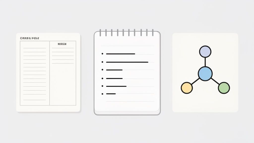 Diversi metodi per prendere appunti: un blocco note con colonne, una lista puntata e una mappa concettuale.