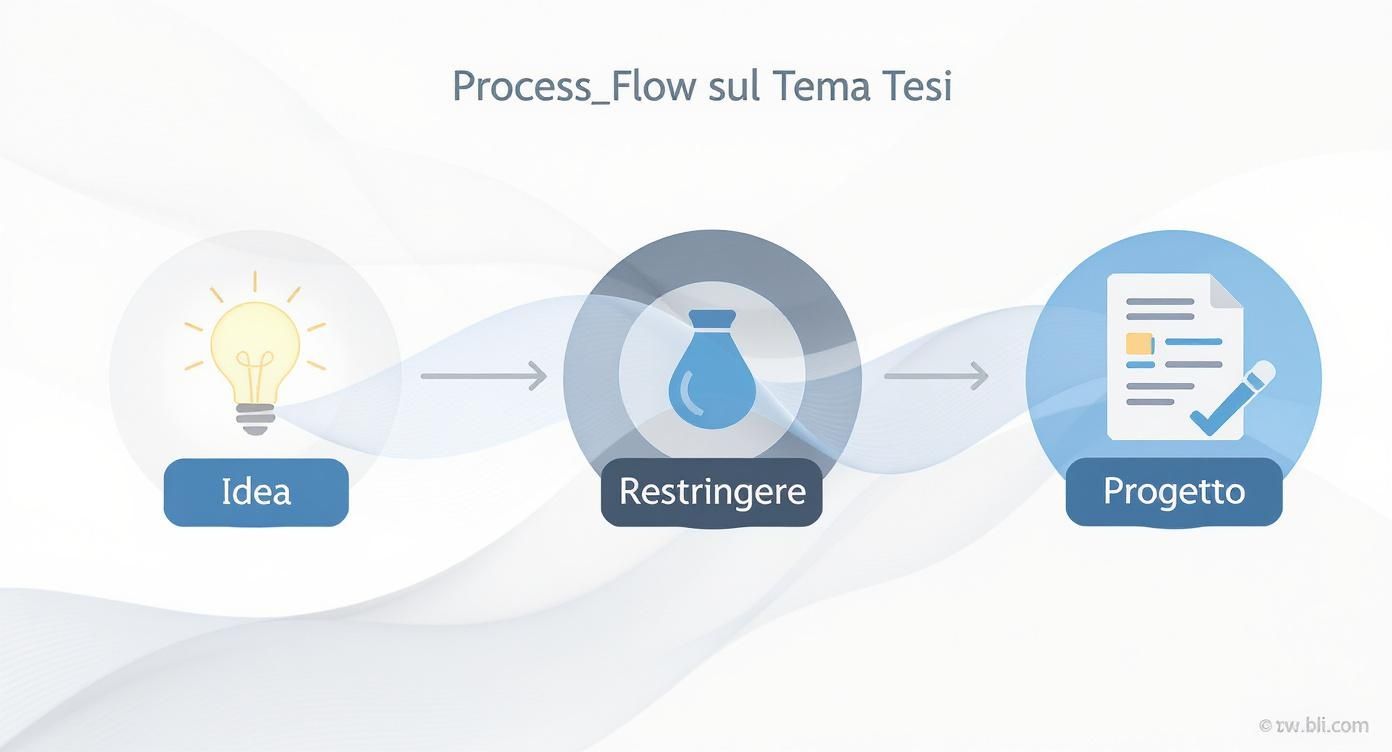 Infografica che illustra il processo per scegliere l'argomento della tesi, dai passaggi iniziali dell'idea, al restringimento del campo, fino alla creazione di un progetto definito.