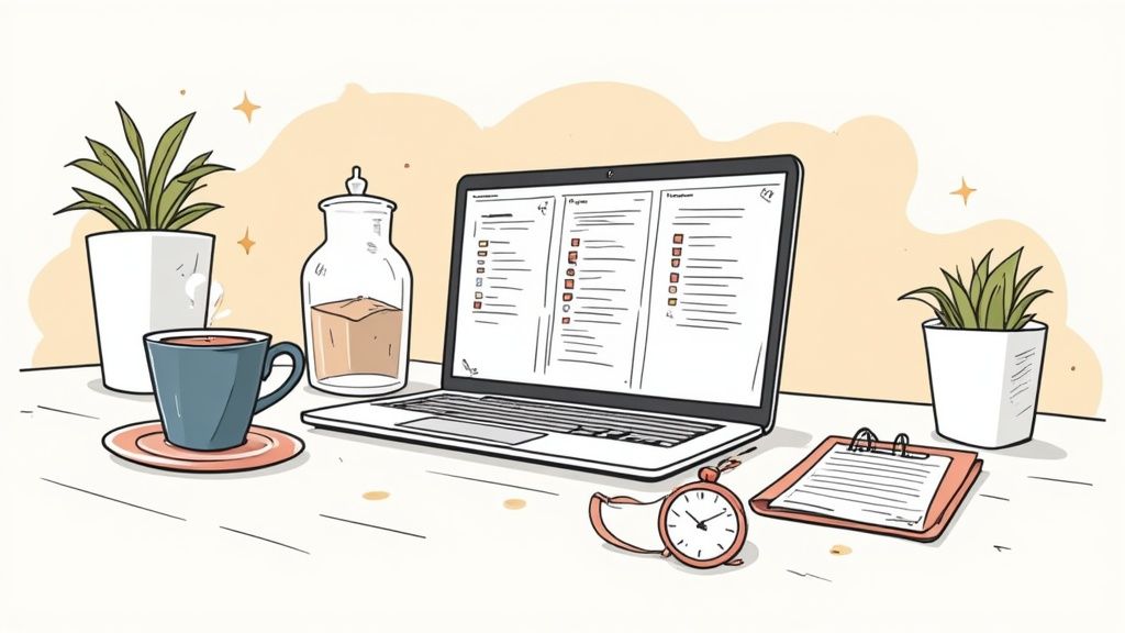 Un accogliente spazio di lavoro con laptop, tazza di caffè, piante e oggetti da ufficio su un tavolo.