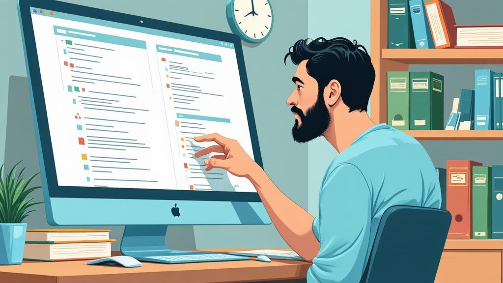 Uomo barbuto lavora al computer, puntando lo schermo con il dito, in un ufficio con libreria e orologio.