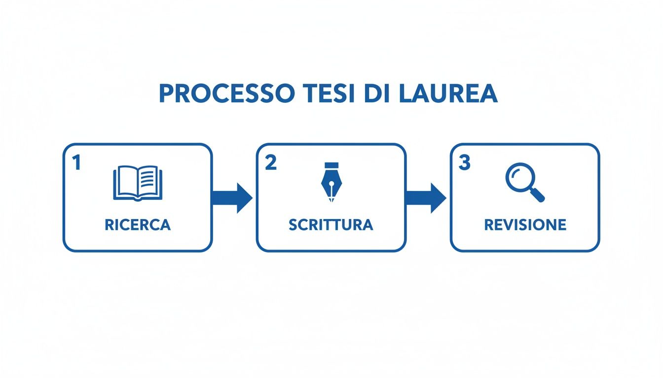 Illustrazione schematica del processo di tesi di laurea in tre fasi: ricerca, scrittura e revisione.