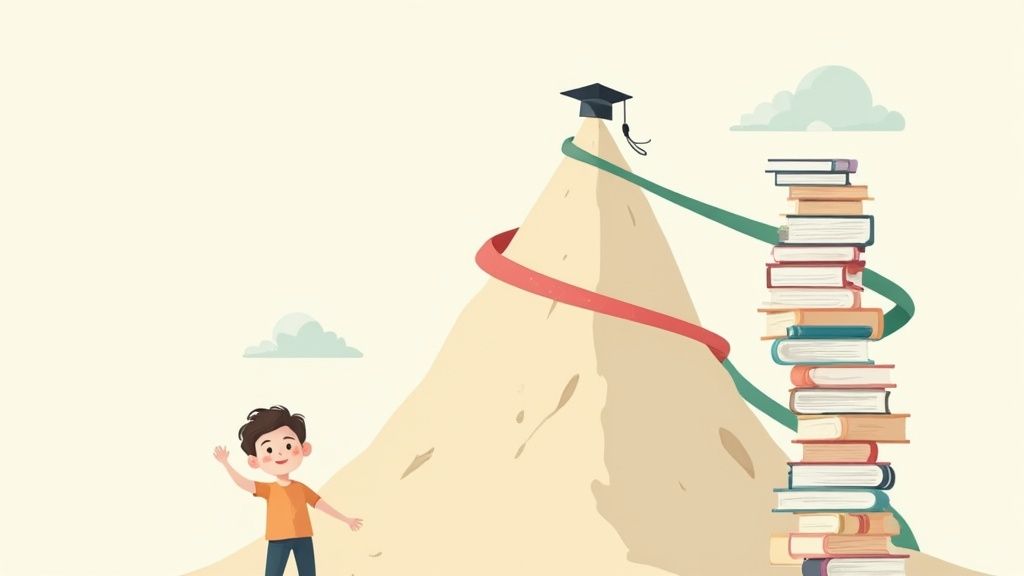 Un ragazzo saluta il percorso di studio, con una montagna che porta a un cappello di laurea e libri.