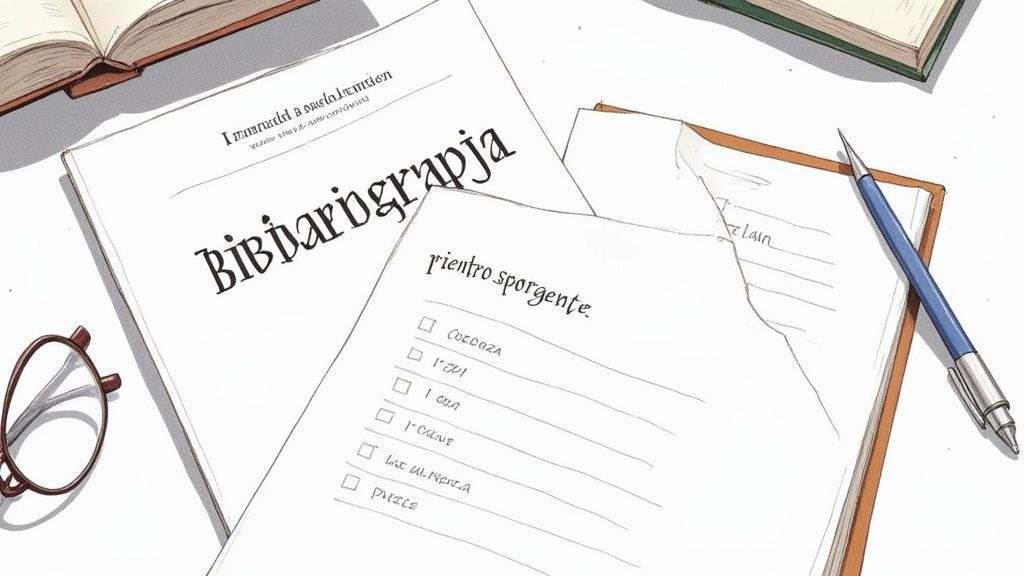 Primo piano su una scrivania con documenti, penna, occhiali e un libro aperto. Un foglio mostra 'Bibliografia' e una checklist.