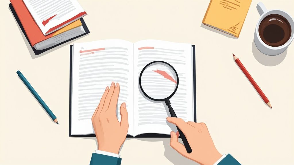 Una persona revisiona un documento su un laptop con una tazza di caffè e un quaderno accanto.