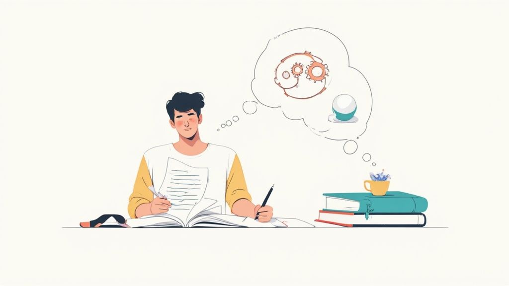 Studente che studia e prende appunti pensando al processo di parafrasi e rielaborazione del testo