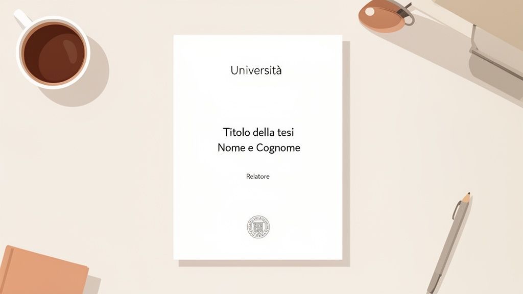 Primo piano di un frontespizio di tesi di laurea con titolo, nome studente e relatore, affiancato da caffè e penna.