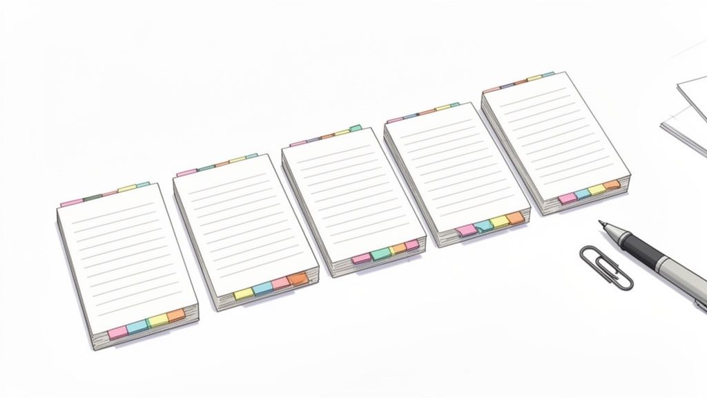 Cinque pile di fogli a righe con segnalibri colorati, una penna e una graffetta su sfondo bianco.