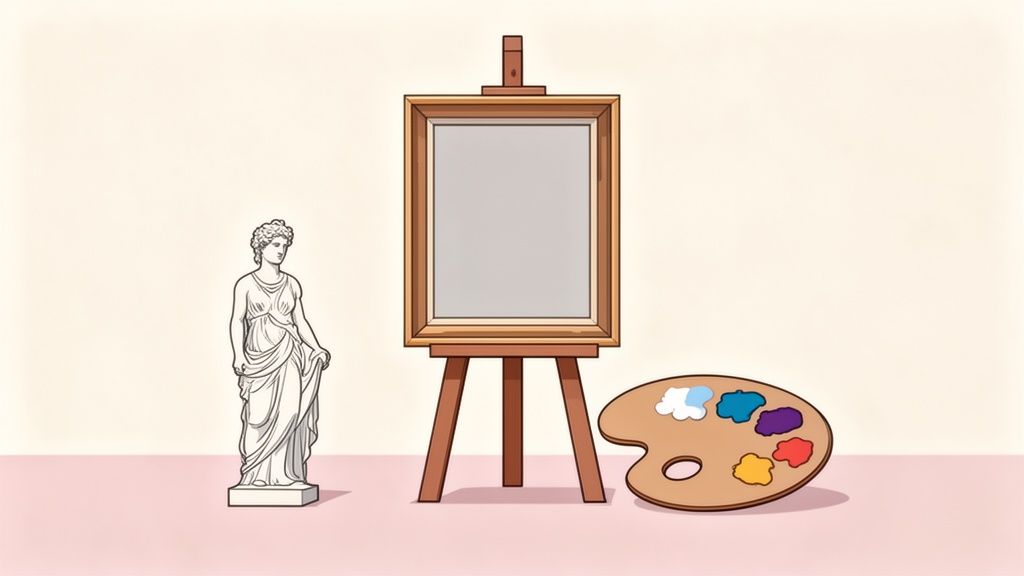 Una statua classica, un cavalletto con tela bianca e una tavolozza di colori, che rappresentano l'arte e la creatività.