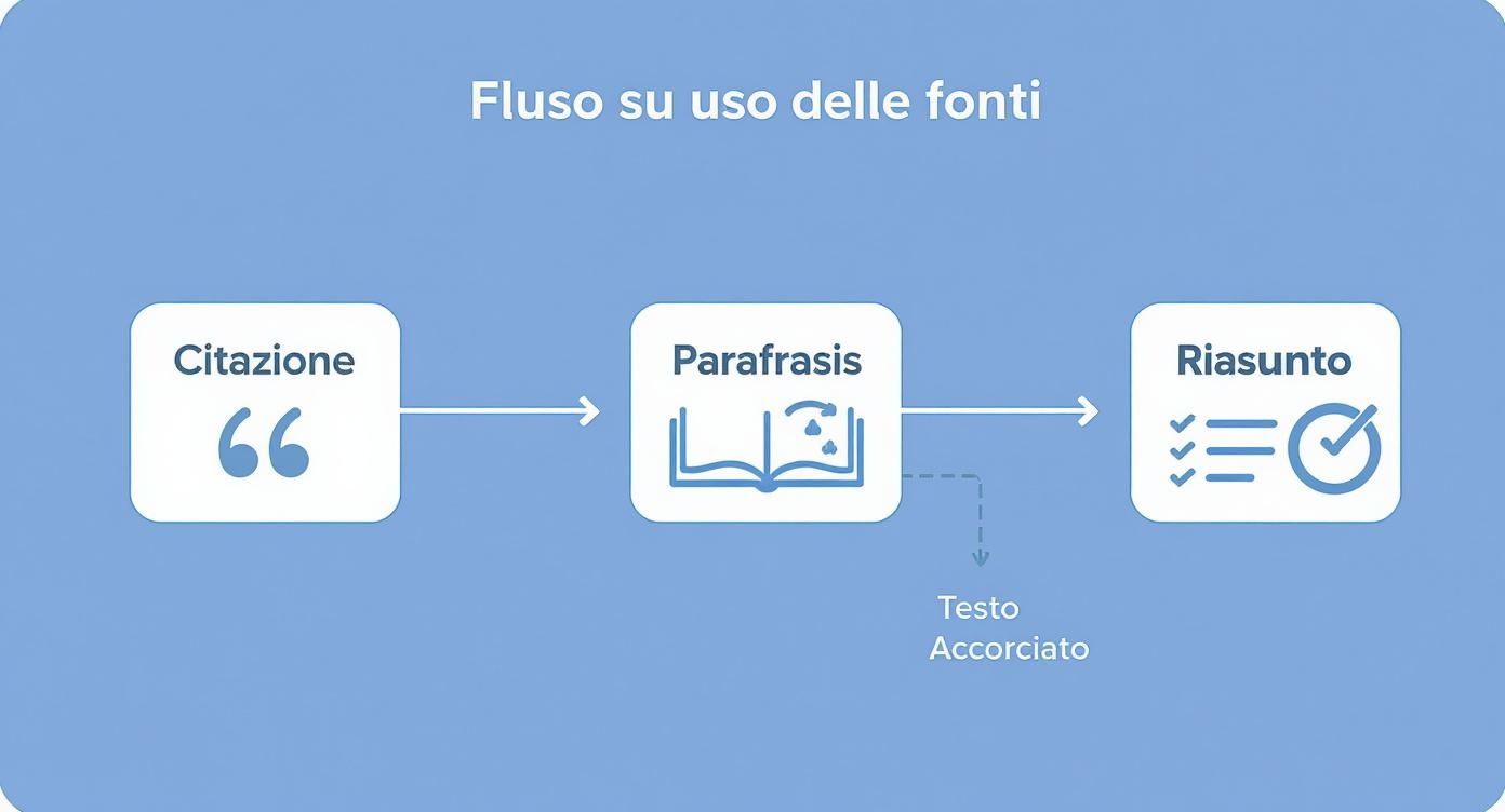 Diagramma di flusso che mostra il processo di parafrasi: dalla citazione alla parafrasi fino al riassunto del testo