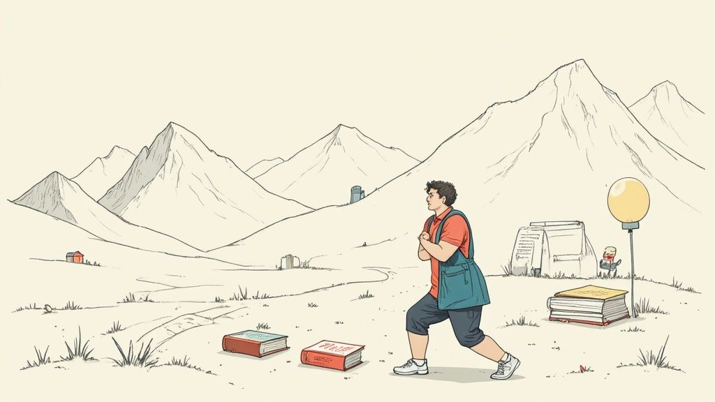 Uomo cammina tra libri in un paesaggio montano stilizzato, suggerendo un percorso di studio o ricerca.