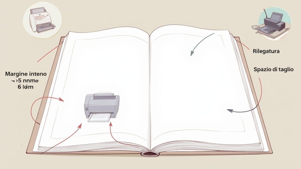 Illustrazione di un libro aperto che mostra i margini di stampa, inclusi margine interno, rilegatura e spazio di taglio, con stampanti.