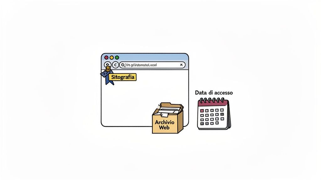 Illustrazione della sitografia: browser con URL, archivio web e calendario per la data di accesso.
