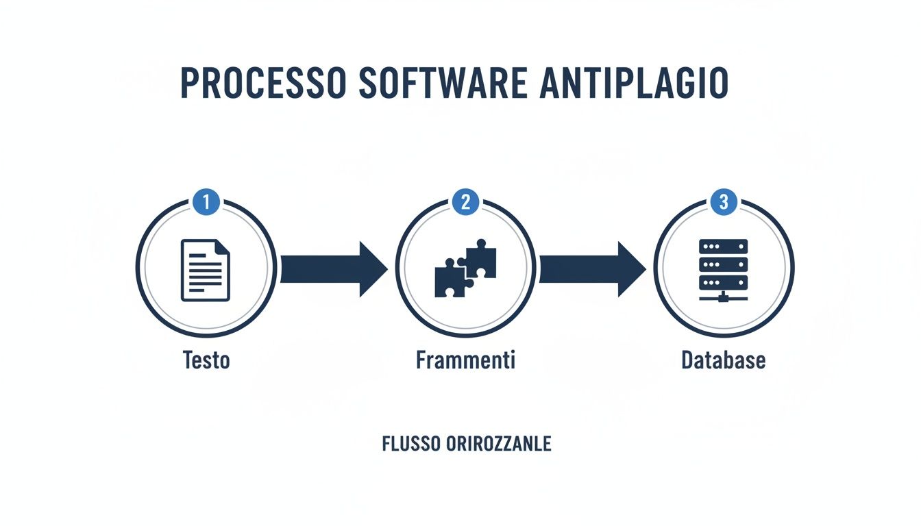 Schema del processo di un software antiplagio, che illustra il flusso da testo a frammenti e poi al database.