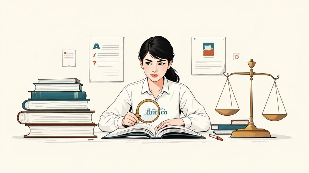 Una giovane donna studia un libro con una lente d'ingrandimento, circondata da libri e una bilancia della giustizia, suggerendo ricerca legale.