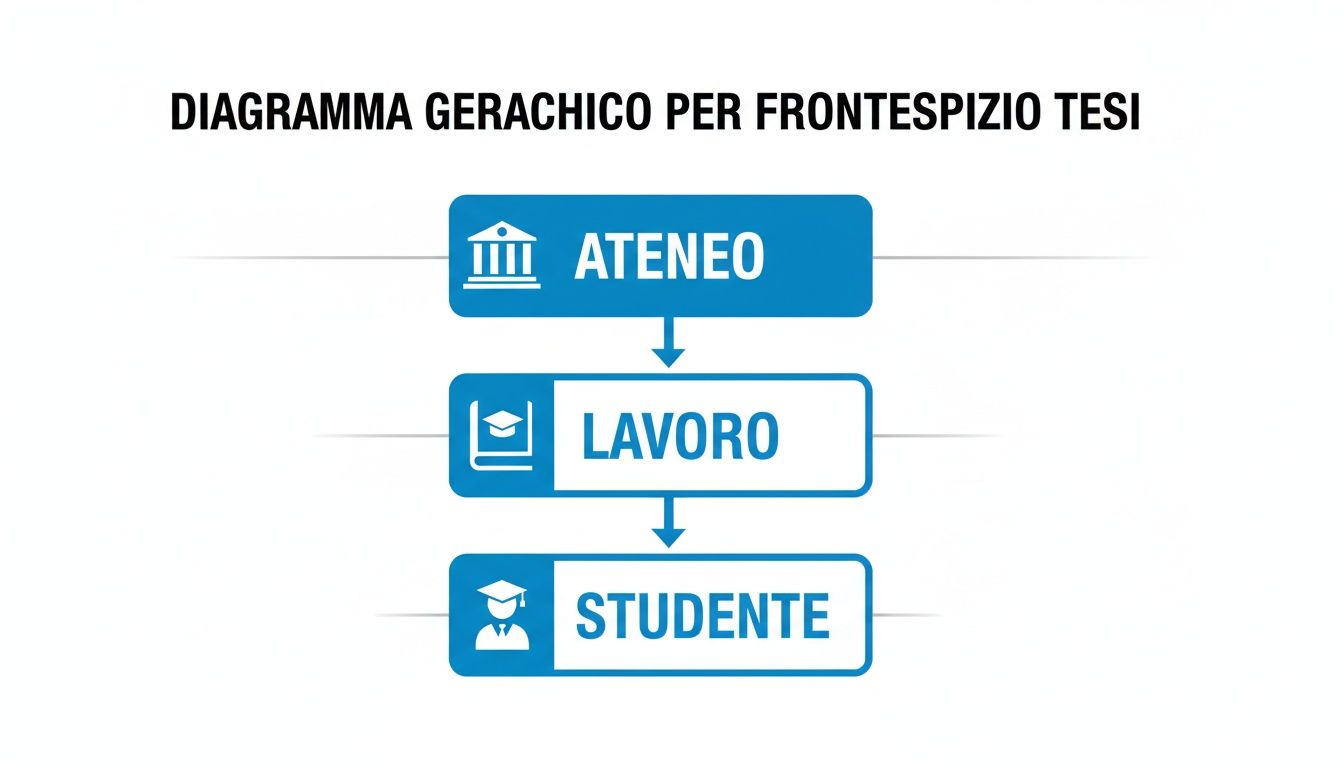 Schema gerarchico che illustra le componenti chiave di un frontespizio di tesi: Ateneo, Lavoro e Studente.