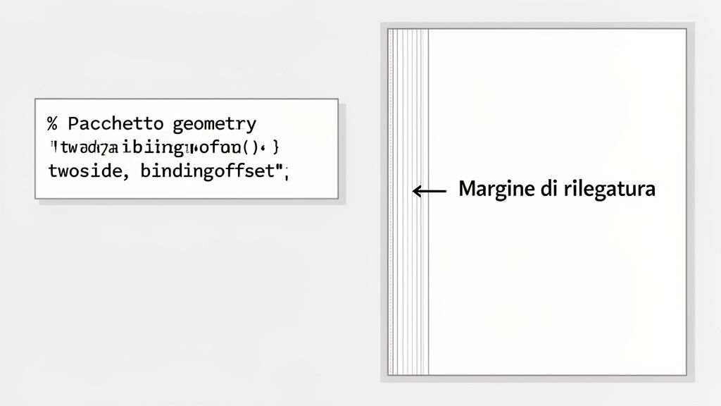 Diagramma e codice LaTeX per configurare i margini di rilegatura (binding offset) in un documento.