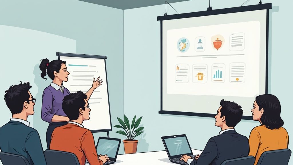 Donna presenta con lavagna e proiettore a un gruppo di colleghi in una sala riunioni.