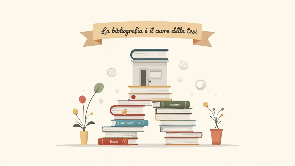 Illustrazione stilizzata di libri impilati che formano una casa, con piante e un nastro che dice "La bibliografia è il cuore della tesi".