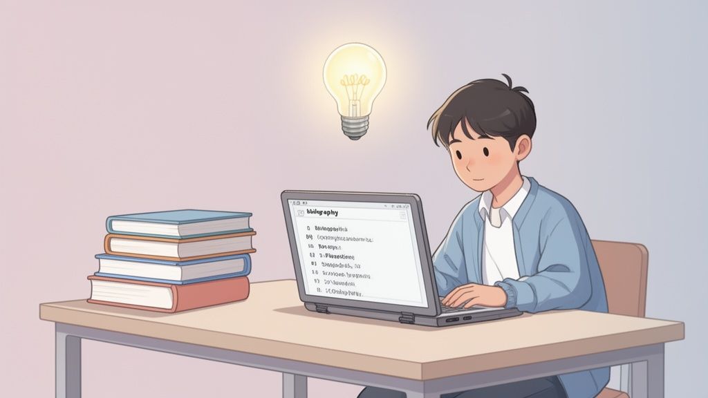 Un giovane studente scrive una bibliografia su laptop, con libri e un'idea brillante.