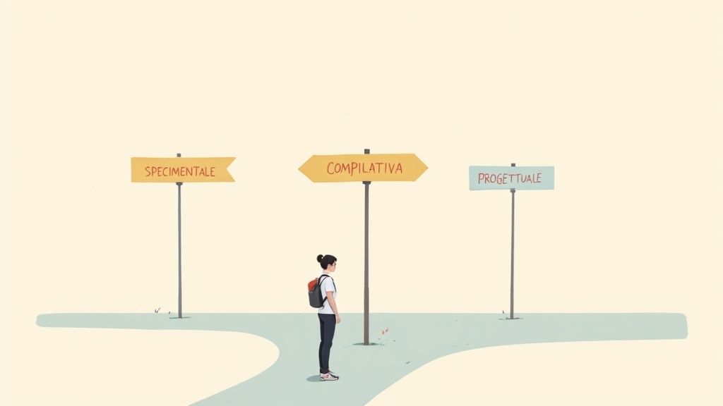 Studente universitario che sceglie tra diversi tipi di tesi rappresentati da libri e icone di ricerca.