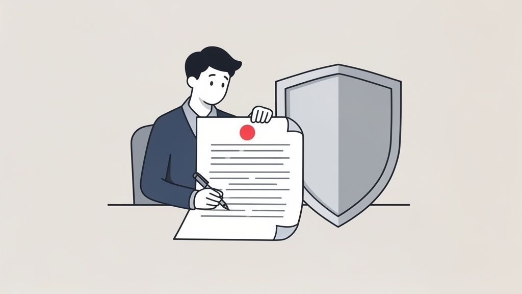 Uomo che firma un contratto o documento legale, simboleggiando protezione e sicurezza.