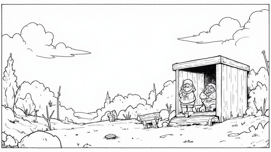 Due persone sedute in un piccolo rifugio di legno guardano verso un paesaggio rurale aperto