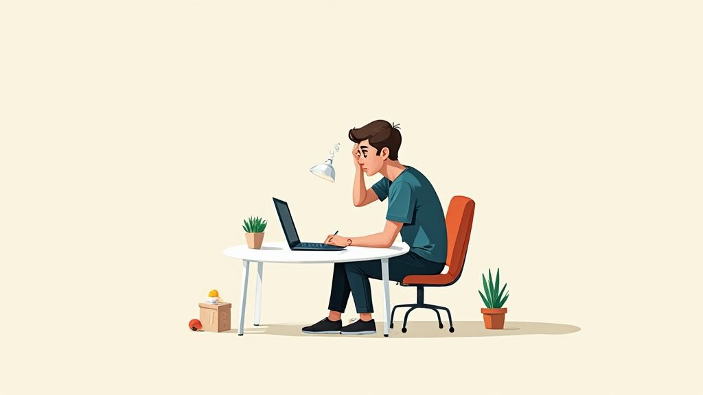 Una studentessa pensa all'argomento della tesi seduta a una scrivania con libri e un computer portatile