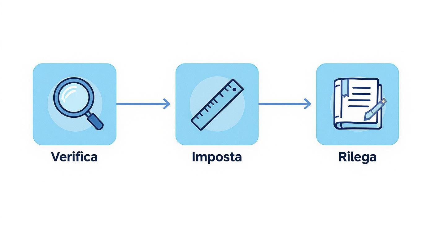 Processo in tre fasi per la tesi: verifica con lente d'ingrandimento, imposta margini con righello, rilega il documento finale