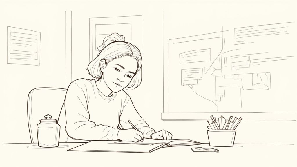 Una scrivania ordinata con libri accademici aperti e un computer portatile, simbolo della ricerca bibliografica