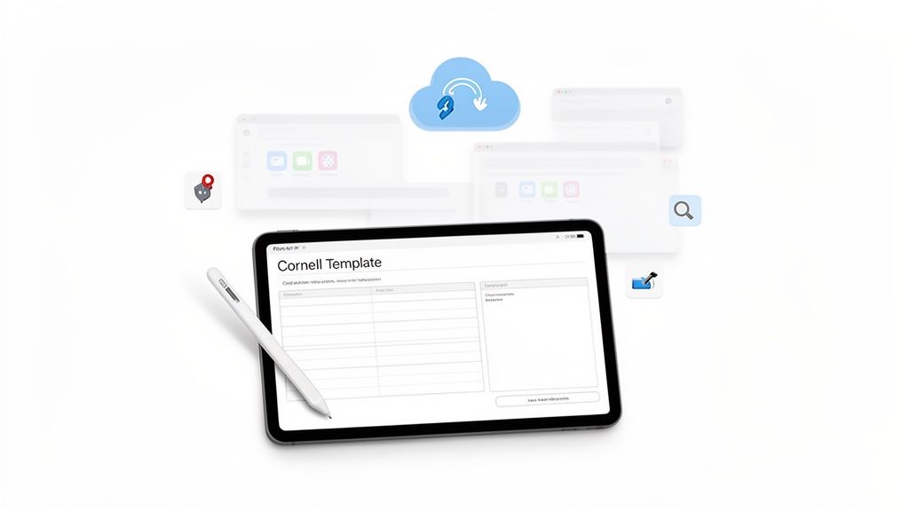 Tablet con template Cornell per appunti digitali e stylus, con icone cloud e app in background.