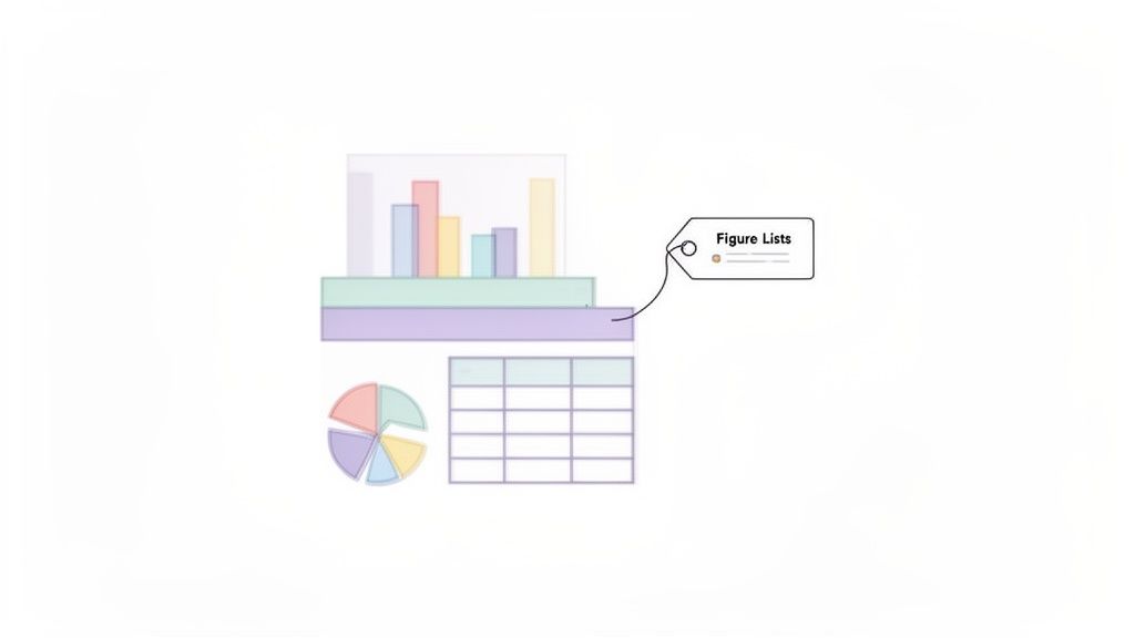 Illustrazione di grafici a barre, a torta e tabelle, con un'etichetta 'Figure Lists'.