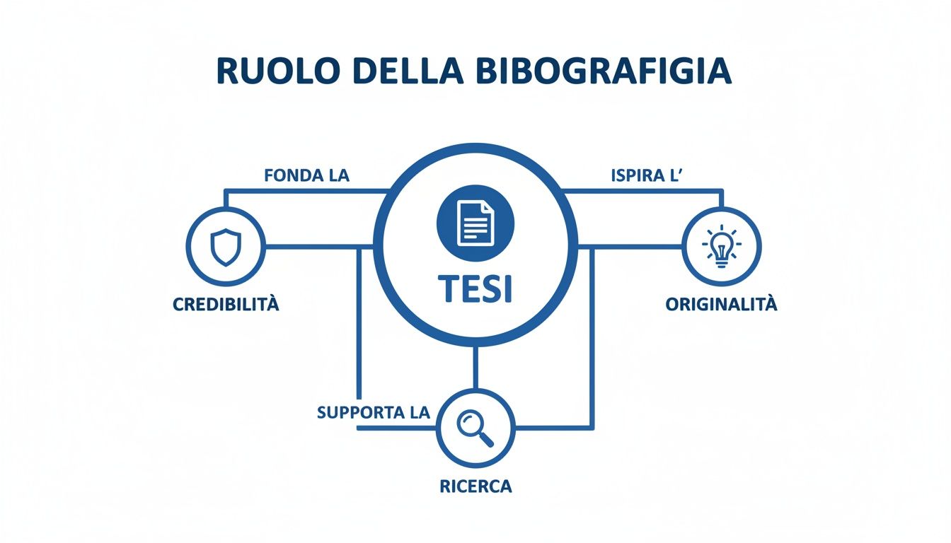 Diagramma che illustra il ruolo fondamentale della bibliografia per la tesi, supportando credibilità, originalità e ricerca.