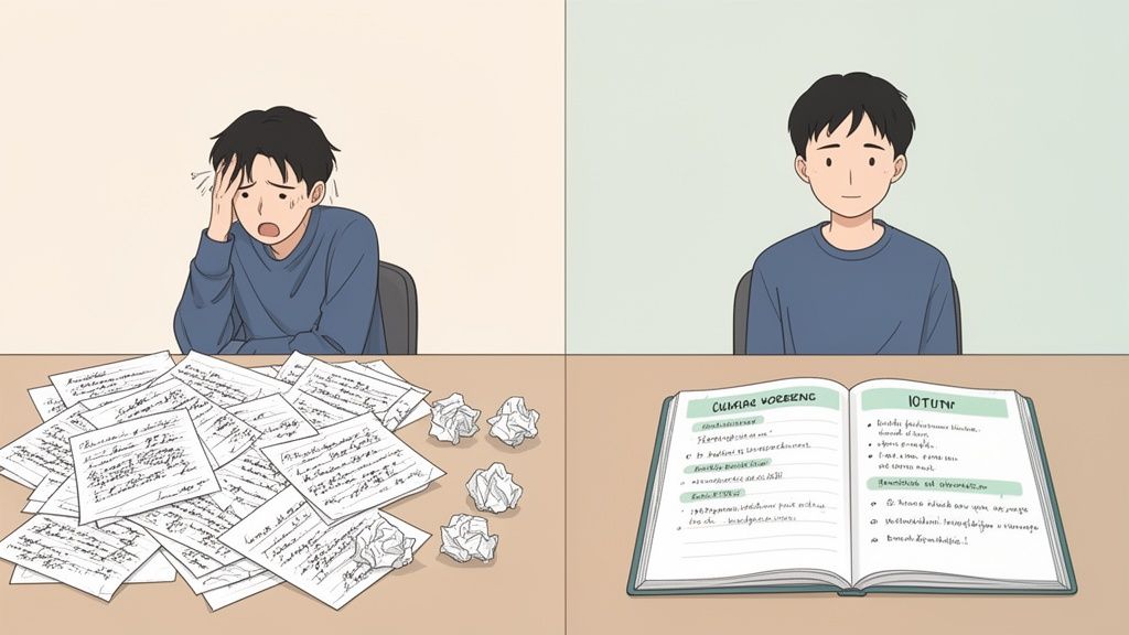 Un ragazzo frustrato con fogli disordinati a confronto con un ragazzo calmo con appunti organizzati.