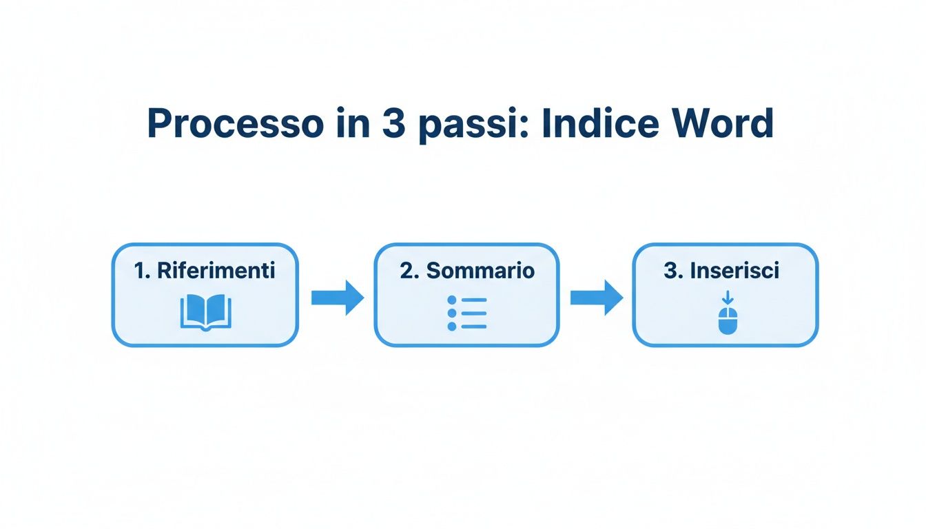 Diagramma di flusso che illustra i 3 passaggi per creare un indice in Word: Riferimenti, Sommario, Inserisci.