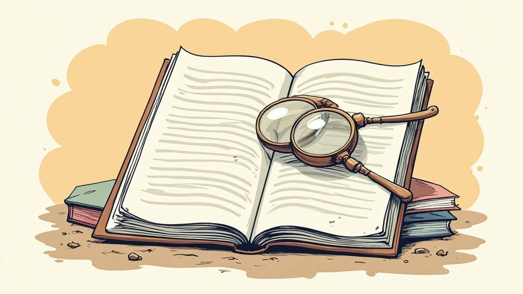 Libro aperto con lente d'ingrandimento e pagine di testo, illustrazione per guide e ricerca documenti